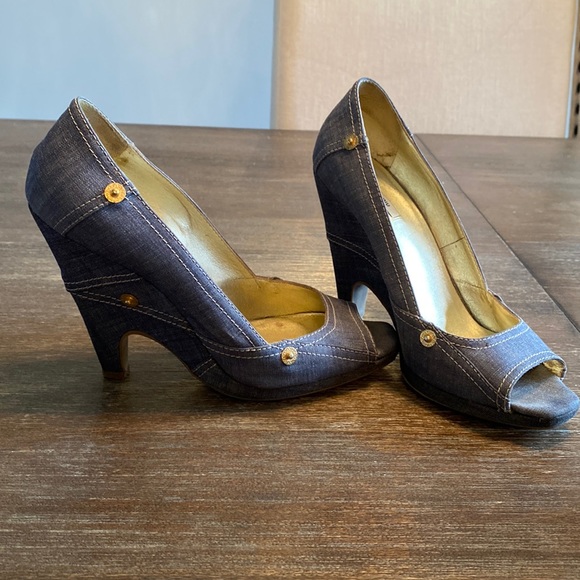 Miu Miu by Prada Denim Peeptoe Wedge Shoes - Picture 2 of 6